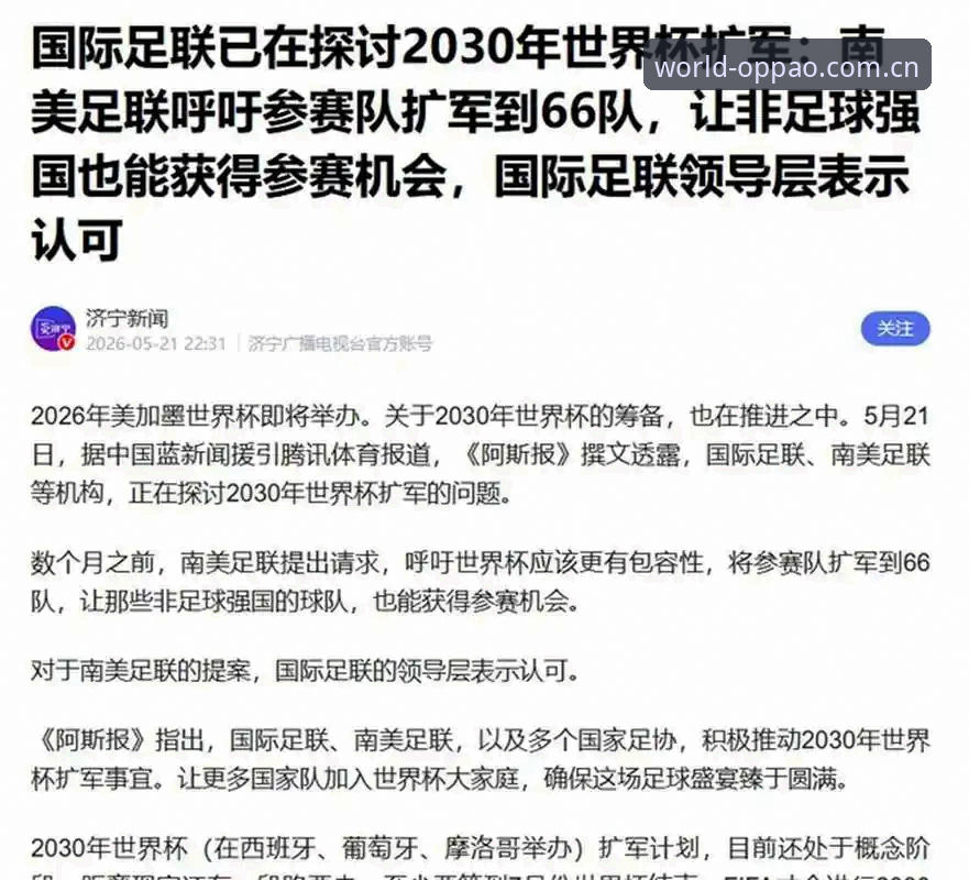 世界杯扩军到66队，中国男足能否搭上2030年这班车？